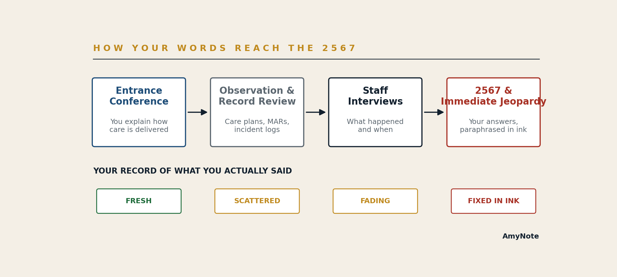 Diagram showing how words travel from the director of nursing and floor-staff interviews into the surveyor's notes, the F-tag deficiencies on Form CMS-2567, and an Immediate Jeopardy citation