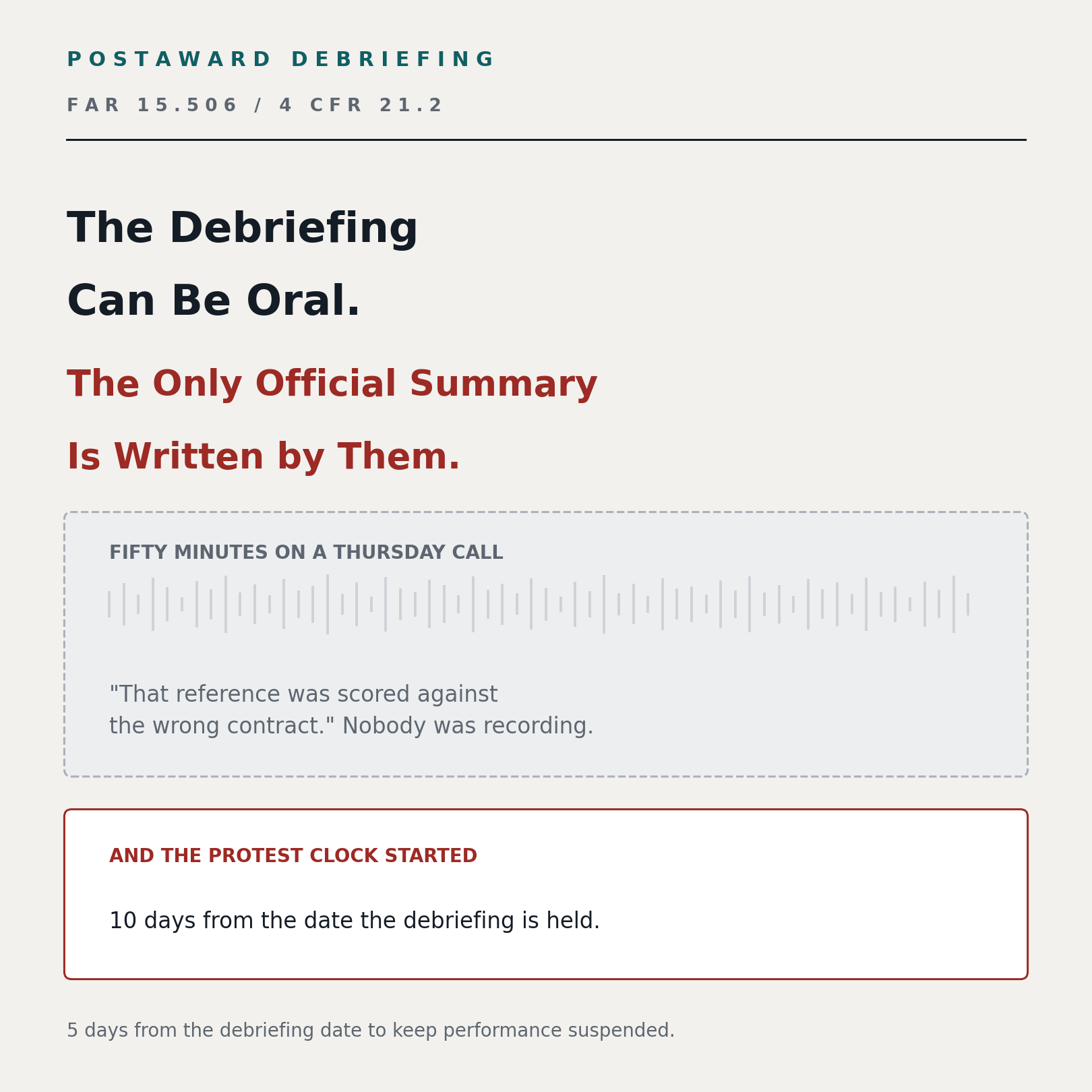 Postaward debriefing under FAR 15.506 and 4 CFR 21.2: the debriefing can be oral, the only official summary is written by them, and both protest clocks run from that conversation.