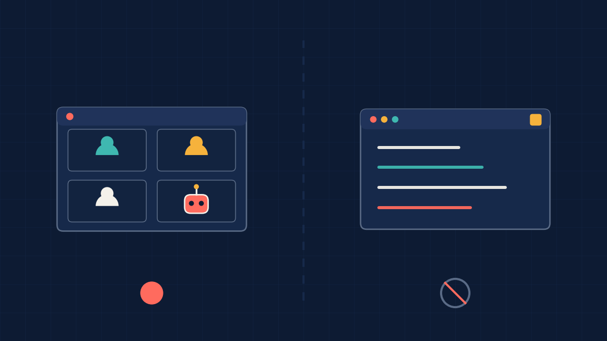 Abstract illustration of three capture methods: a cloud bot joining a video call, a browser tab reading captions, and a phone recording directly