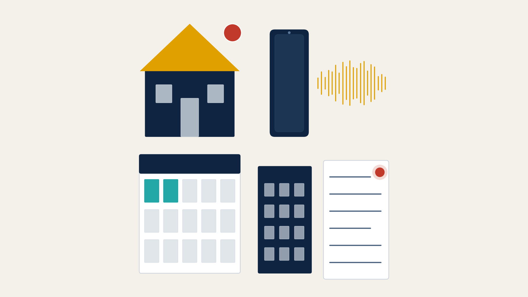The debt collection dispute gap: a house with a red alert dot, a phone with gold sound waves, a calendar with its first two days marked in teal, an office building, and a written page marked with a red record dot, standing for a consumer contacted about a debt, the collection call, the validation period running, the collector, and the written dispute that actually counts.