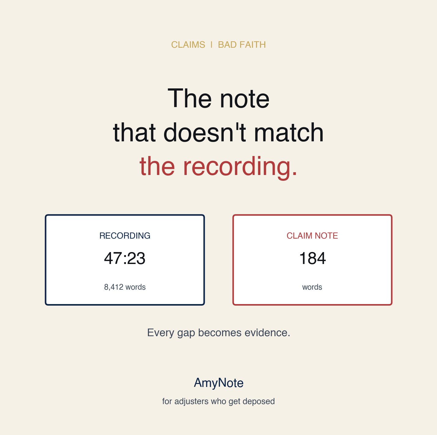 A claims adjuster's three-paragraph note on the left, the 47-minute audio waveform on the right &mdash; and the discrepancy plaintiff counsel will spend a deposition exploiting