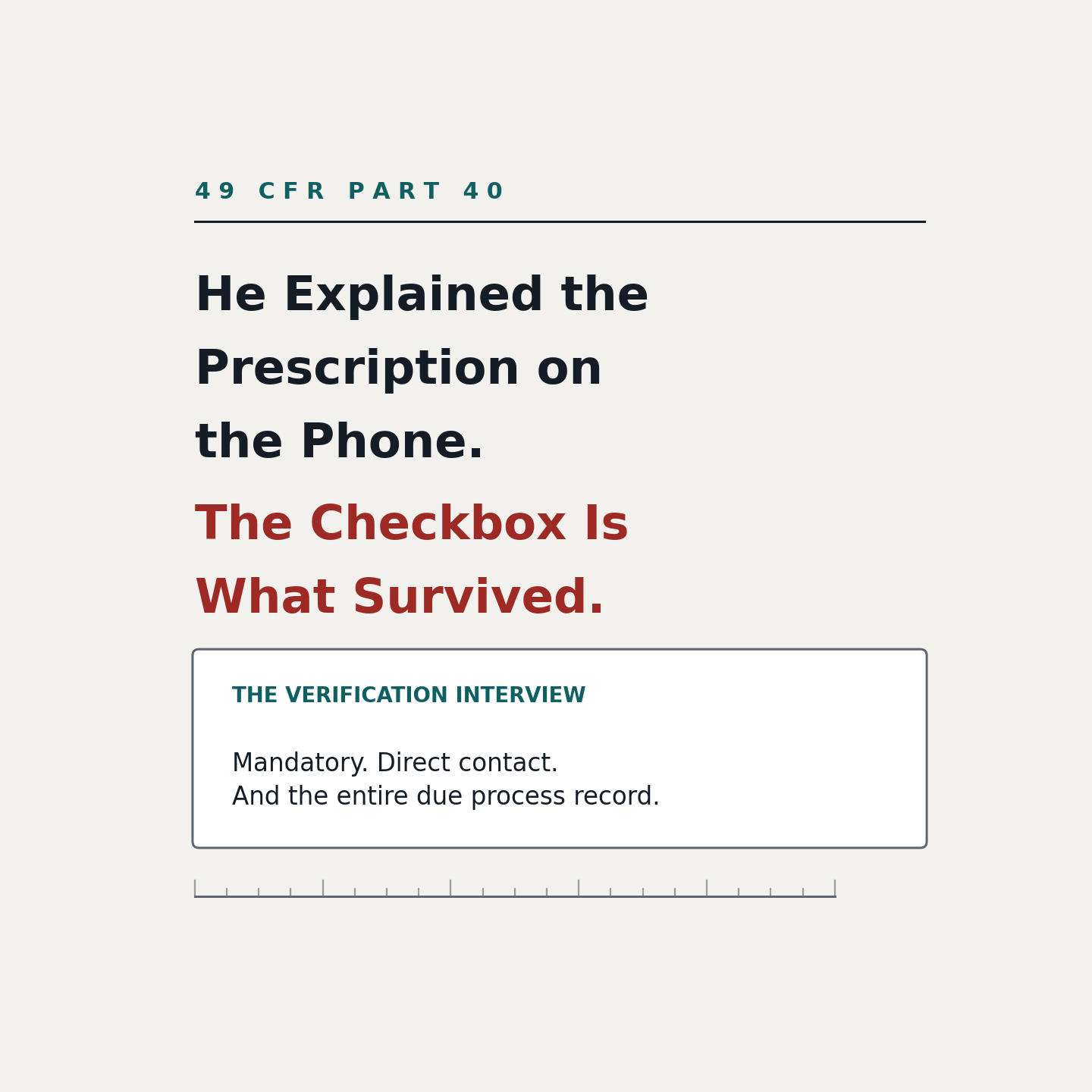 MRO verification interview under 49 CFR Part 40: what was said on the call, an explanation given once at an evening number with no transcript, set against what remains in the file five years on under 49 CFR 40.333(a)(1).