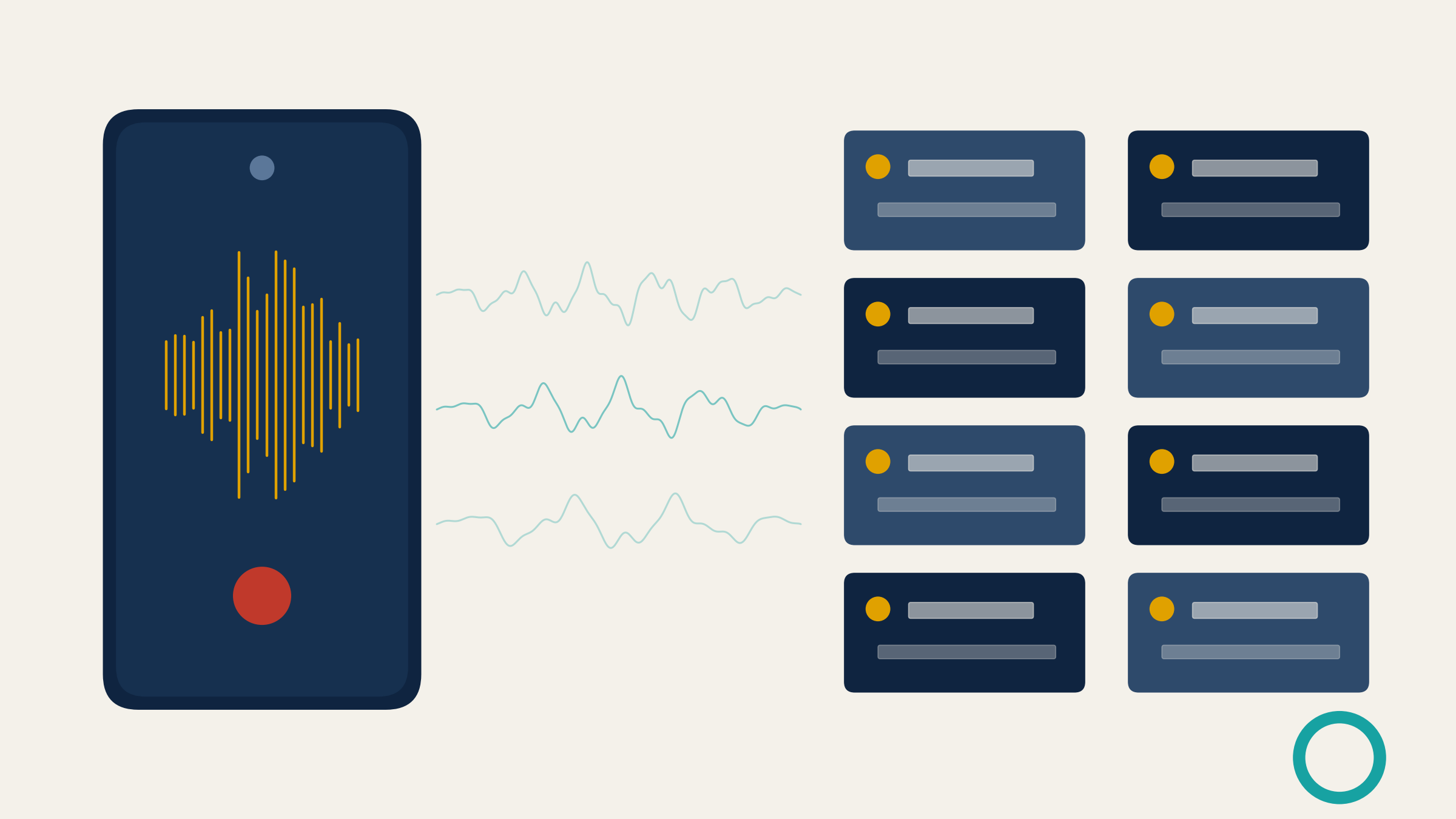 The record made instead. A phone resting on the table quietly recording an ordinary client call, the waveform resolving into a timestamped, searchable transcript, closed with a teal seal: the conversation now exists as a record that can be retrieved years later.